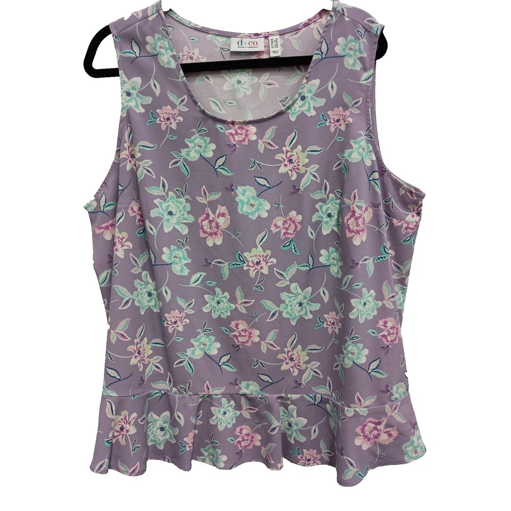 D & Co Womens Tank Top Size 1X Purple Floral Ruffle Hem Cottagecore Beach Casual